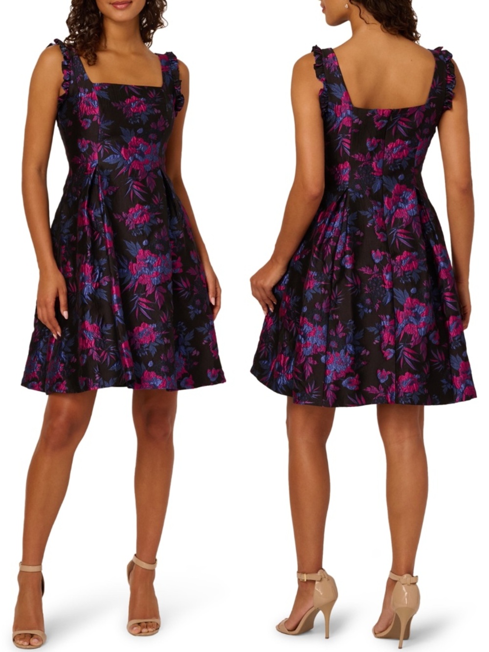 NEW Adrianna Papell BLACK Floral JACQUARD Ruffle SQUARE NECK Cocktail DRESS 14